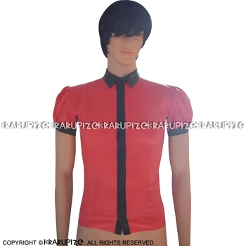 Czerwono-czarna Seksowna Lateksowa Koszula z Guzikami z przodu, z Krótkim Rękawem, Poduszka Bluzka, Odzież Wierzchnia YF-0119
