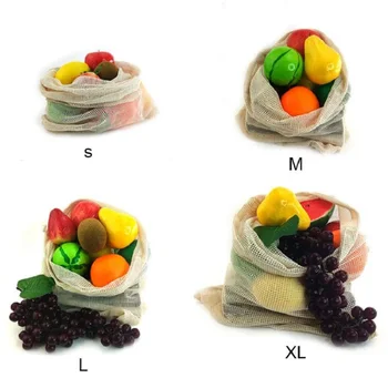 4szt bawełna siatka warzyw worki produkują torby wielokrotnego użytku bawełna siatka torba do przechowywania warzyw kuchnia owoców warzyw z кулиской
