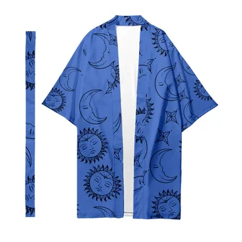 Mężczyzna Japoński Długi Sweter Kimono Męskie Ubrania Kimono Samuraja Z Wzorem Słońca i Gwiazd Bluzka Kimono Kurtka Yukata 1