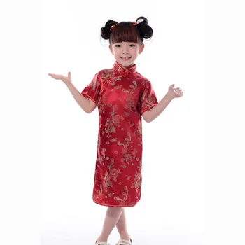Chińskie Tradycyjne Stroje, Strój Księżniczki Dla dziewczyn, Cheongsams Hanfu, Obcisła Sukienka z Wzorem Smoka i Feniksa, Fotelik Satynowa Sukienka-Kimono Dla dziewczyn